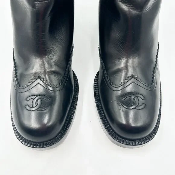 Chanel Knee High Boots Cap Toe Black Leather Lace Up Cutout - Picture 5 of 16